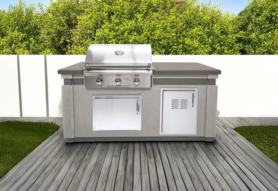 Modern built-in stainless steel gas grill in a concrete outdoor kitchen island, ideal for backyard barbecues and alfresco dining.