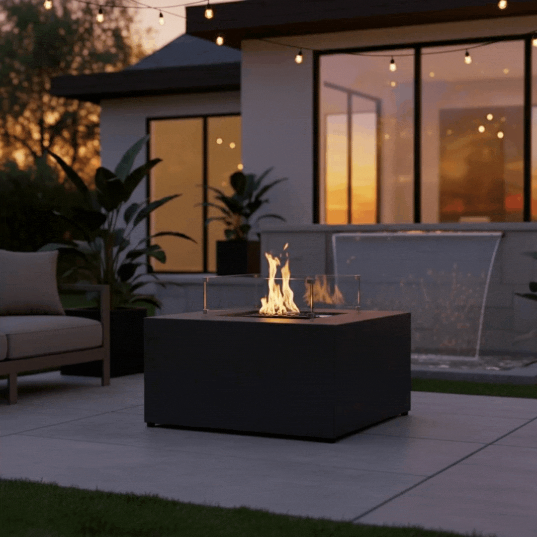 42" Square Beton Concrete (GFRC) Gas Fire Pit with Hidden Propane Tank - Graphite by Starfire Designs