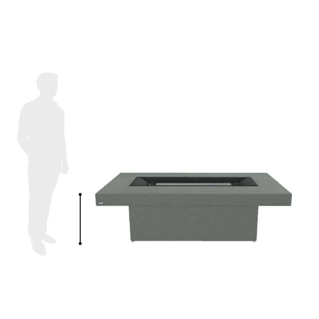 Rectangular modern fire pit table in dark matte finish with a central burner, shown with a scale reference silhouette to indicate its dimensions.