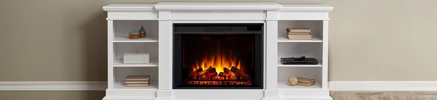 Modern white electric fireplace with a classic mantel design, featuring built-in shelves on both sides and a realistic flame effect. Perfect for adding warmth and style to any living room