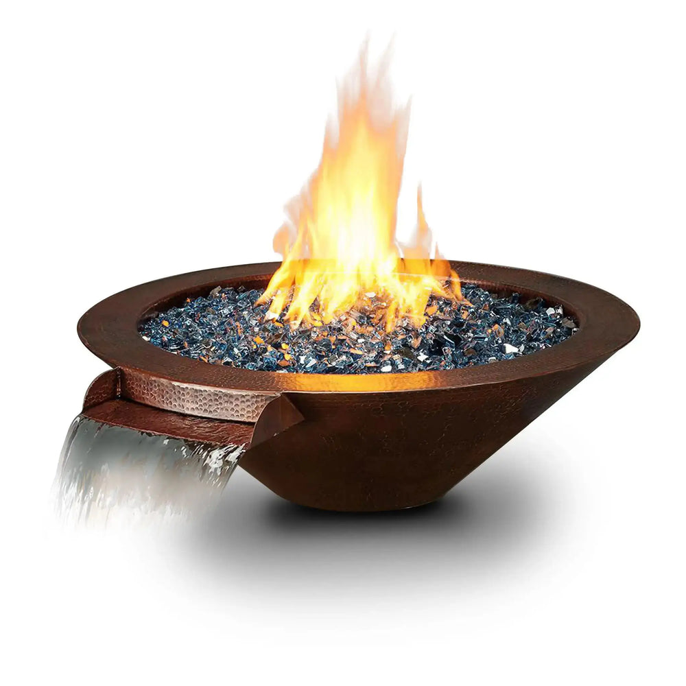 Side view of the Cono Moreno 31-inch W Round Copper Fire and Water Bowl by Starfire Designs, showcasing the hand-hammered copper finish, blue reflective fire glass, and elegant waterfall feature, ideal for outdoor luxury fire pits