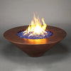 Cono Moreno 42-inch Round Copper Fire Pit by Starfire Designs, featuring a striking hand-hammered copper finish and vibrant blue fire glass, ideal for outdoor fire features in modern backyards