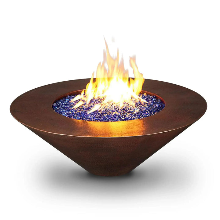 Cono Moreno 42-inch Round Copper Fire Pit with a hand-hammered copper finish, showcased on a white background, featuring brilliant blue fire glass and a modern, conical design for elegant outdoor settings