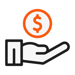 Icon of a hand holding a coin with a dollar sign, representing cost-effective solutions, savings, or affordability.