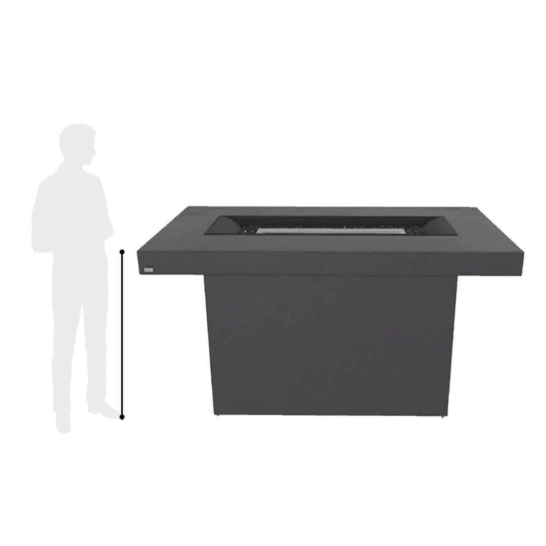 Rectangular modern fire pit table in dark matte finish, shown with a scale reference silhouette to illustrate its height and size