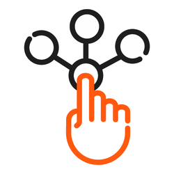 Icon showing a hand interacting with multiple nodes, representing customization, personalization, or interactive options.