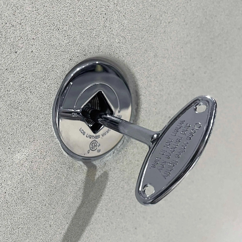 Close-up view of Starfire Designs Decorative Gas Key Valve Kit in Chrome finish, showcasing a high-quality key valve mechanism for natural gas fire pits and outdoor fire tables