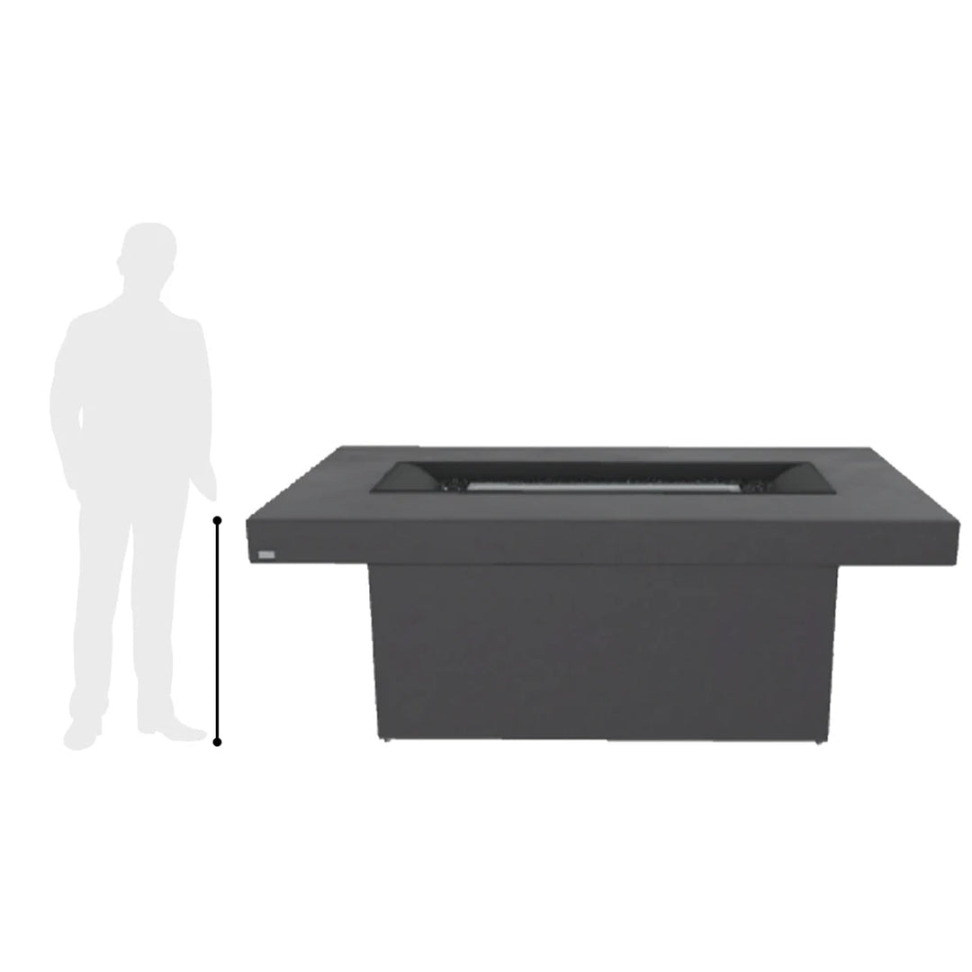 Rectangular modern fire pit table in dark matte finish with a central burner, shown with a scale reference silhouette to indicate its dimensions.