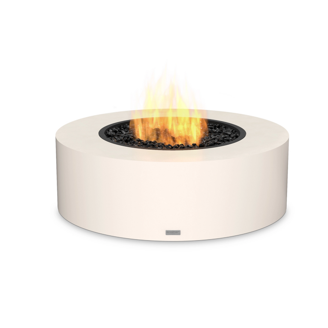 EcoSmart Fire Ark 40 in a bone-colored concrete finish with a propane burner, ideal for modern outdoor fire pit setups. This round gas fire pit combines a sleek, smooth concrete body with a powerful and adjustable propane flame, ensuring warmth and ambiance for patios, decks, and backyard entertaining areas. Perfect for those seeking luxury fire pits with a clean-burning design.