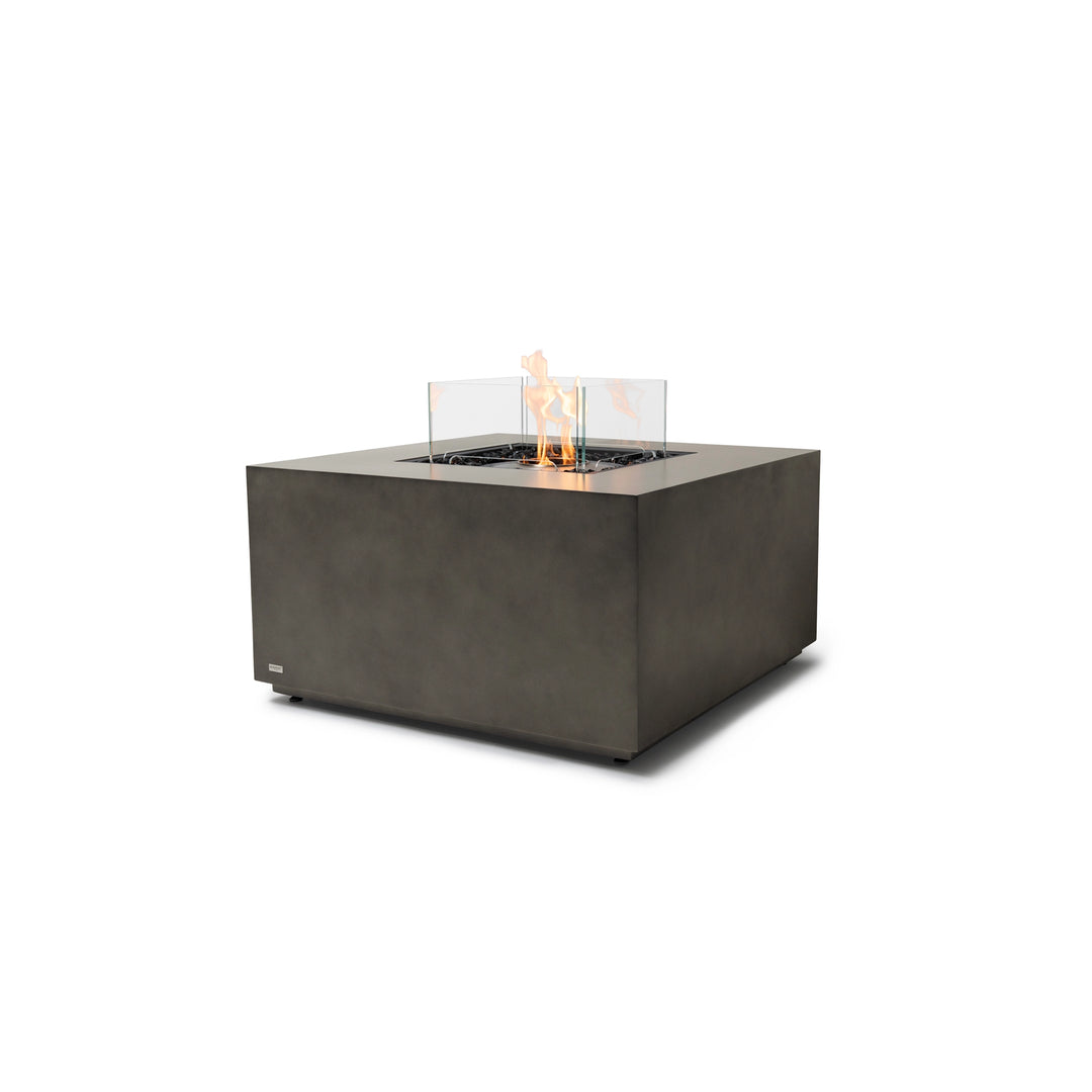 A sleek EcoSmart Fire Chaser 38 Natural square gas fire pit with a stainless steel burner, offering a contemporary look with a natural concrete finish. Its durable outdoor construction makes it an ideal centerpiece for backyard entertaining, outdoor lounges, and high-end patios.