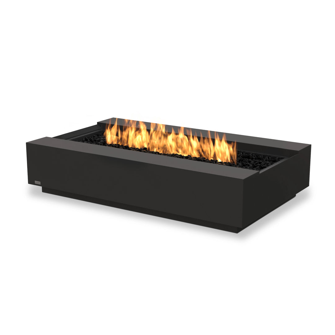 A sleek and durable EcoSmart Fire Cosmo 50 Graphite fire pit, powered by propane gas, delivering a bold and efficient flame without the need for a permanent gas line. Featuring a graphite concrete body, this rectangular fire pit is ideal for contemporary outdoor settings and modern backyard designs.