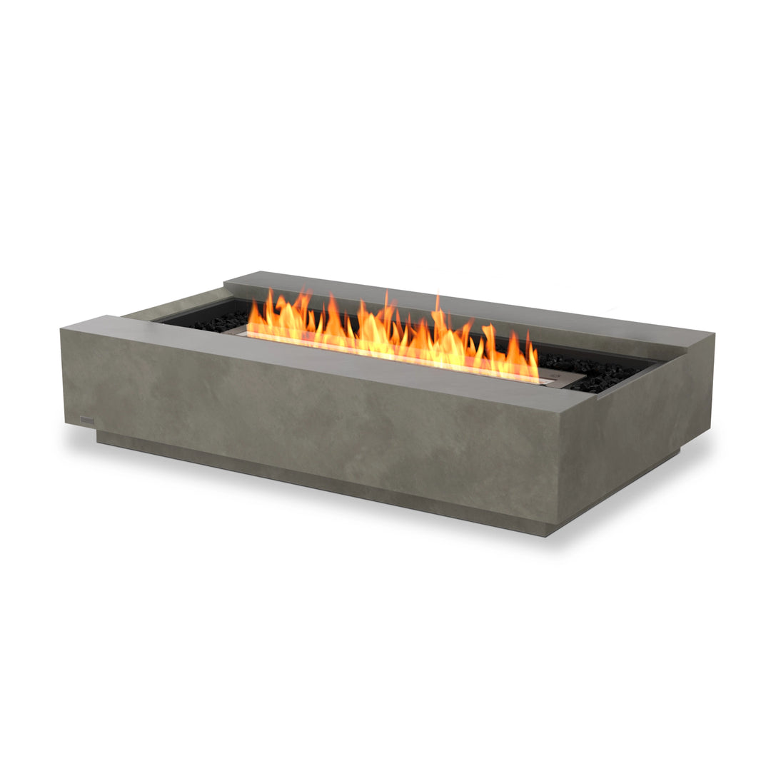 The EcoSmart Fire Cosmo 50 Natural fire pit showcases a durable natural concrete finish with a black burner, delivering a warm and inviting atmosphere for any patio or outdoor setting. Its sleek rectangular design provides an elegant touch, making it a stylish modern fire pit perfect for residential and commercial outdoor spaces.