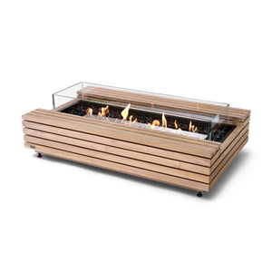 The EcoSmart Fire Cosmo 50 Teak gas fire pit showcases a stunning teak wood frame with a high-performance stainless steel burner and a tempered glass wind guard. This modern fire table is perfect for outdoor patios, backyards, and contemporary lounge areas, running efficiently on natural gas or propane.