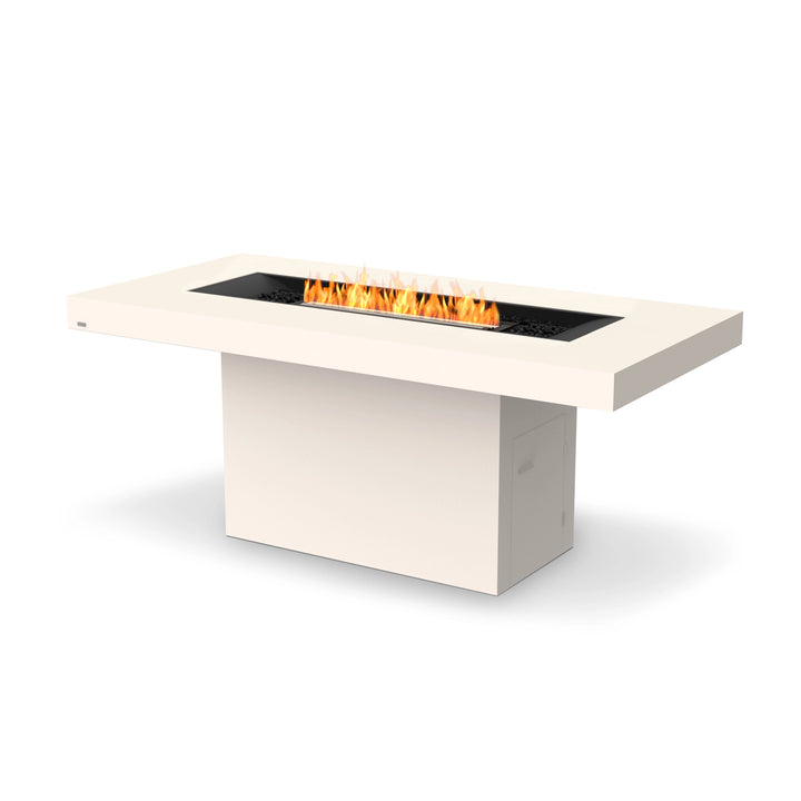 The EcoSmart Fire Gin 90 (Bar) Bone features a sleek rectangular bar-height fire table with a black burner, designed for outdoor and patio settings. This natural gas or propane fire pit has a durable bone-colored concrete finish, delivering both modern style and high-performance heating. Ideal for commercial and residential outdoor spaces, this luxury fire table adds a sophisticated touch to any environment.