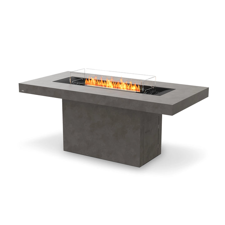 EcoSmart Fire Gin 90 Bar in natural finish with a sleek black burner and tempered glass wind guard. This luxurious outdoor fire table features a modern concrete base and an elongated rectangular burner, perfect for backyard entertaining, outdoor patios, and contemporary fire pit