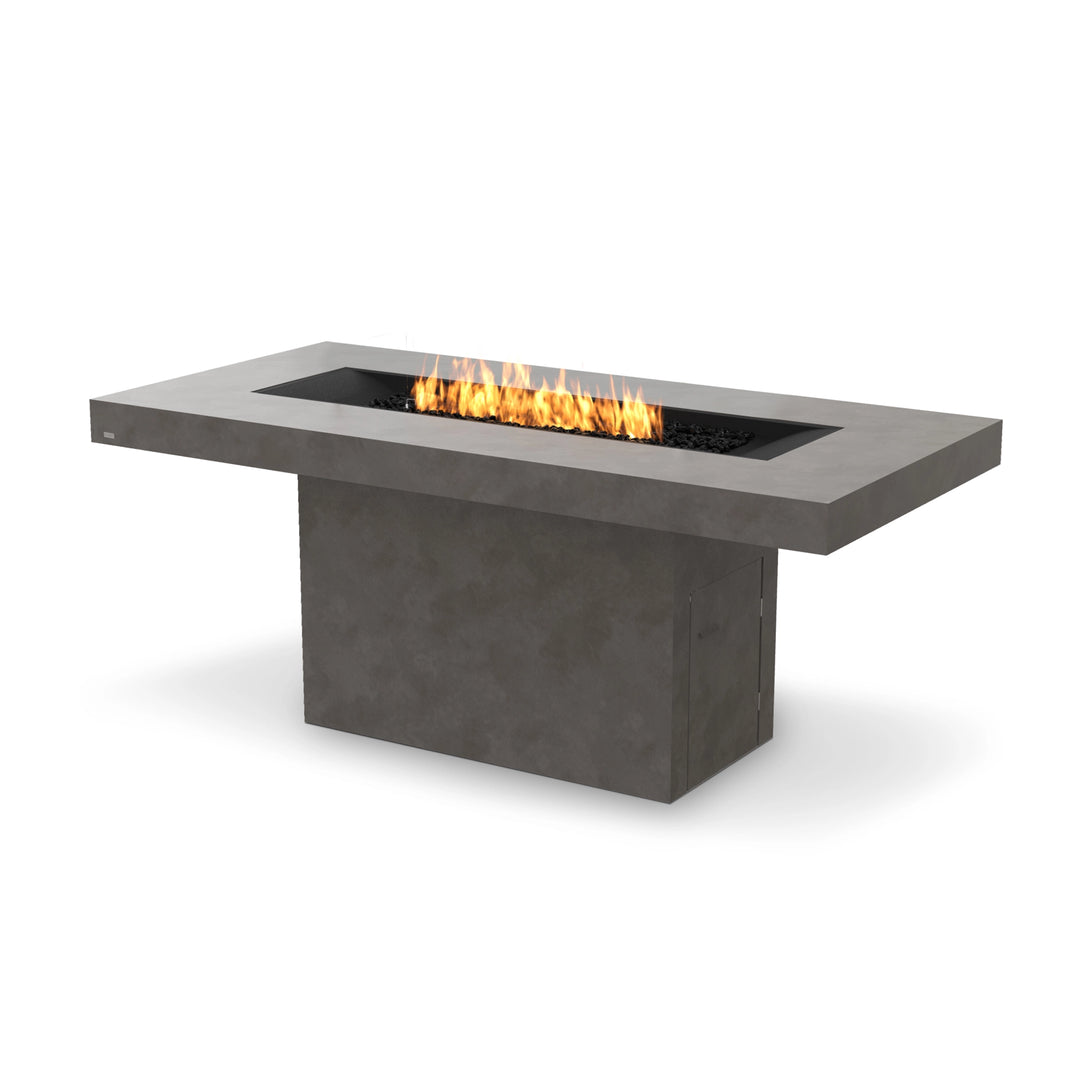 EcoSmart Fire Gin 90 Bar propane gas fire table in natural concrete with a protective glass wind guard. Featuring a sleek design, this premium outdoor fire pit is ideal for contemporary patios, backyard entertaining, and stylish commercial settings with efficient propane gas operation.