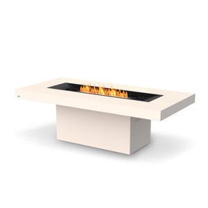 The EcoSmart Fire Gin 90 Dining Fire Pit Table in Bone finish with a black burner is a sleek and modern outdoor fire table. This natural gas fire pit features a long, rectangular design with a durable bone-colored concrete top and a sturdy pedestal base. Its black burner tray enhances the contrast of flames, making it an elegant centerpiece for backyard entertaining. Ideal for commercial fire pit applications, this modern fire pit brings warmth and style to any outdoor setting.