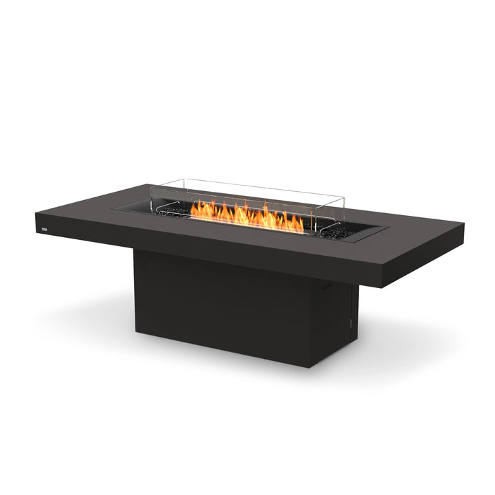 EcoSmart Fire Gin 90 Dining Graphite outdoor fire pit with a black burner and a glass wind guard. A sleek, modern rectangular gas fire pit with a graphite finish, perfect for backyard, patio, or commercial outdoor spaces. Features a high-performance burner and a durable weather-resistant body.