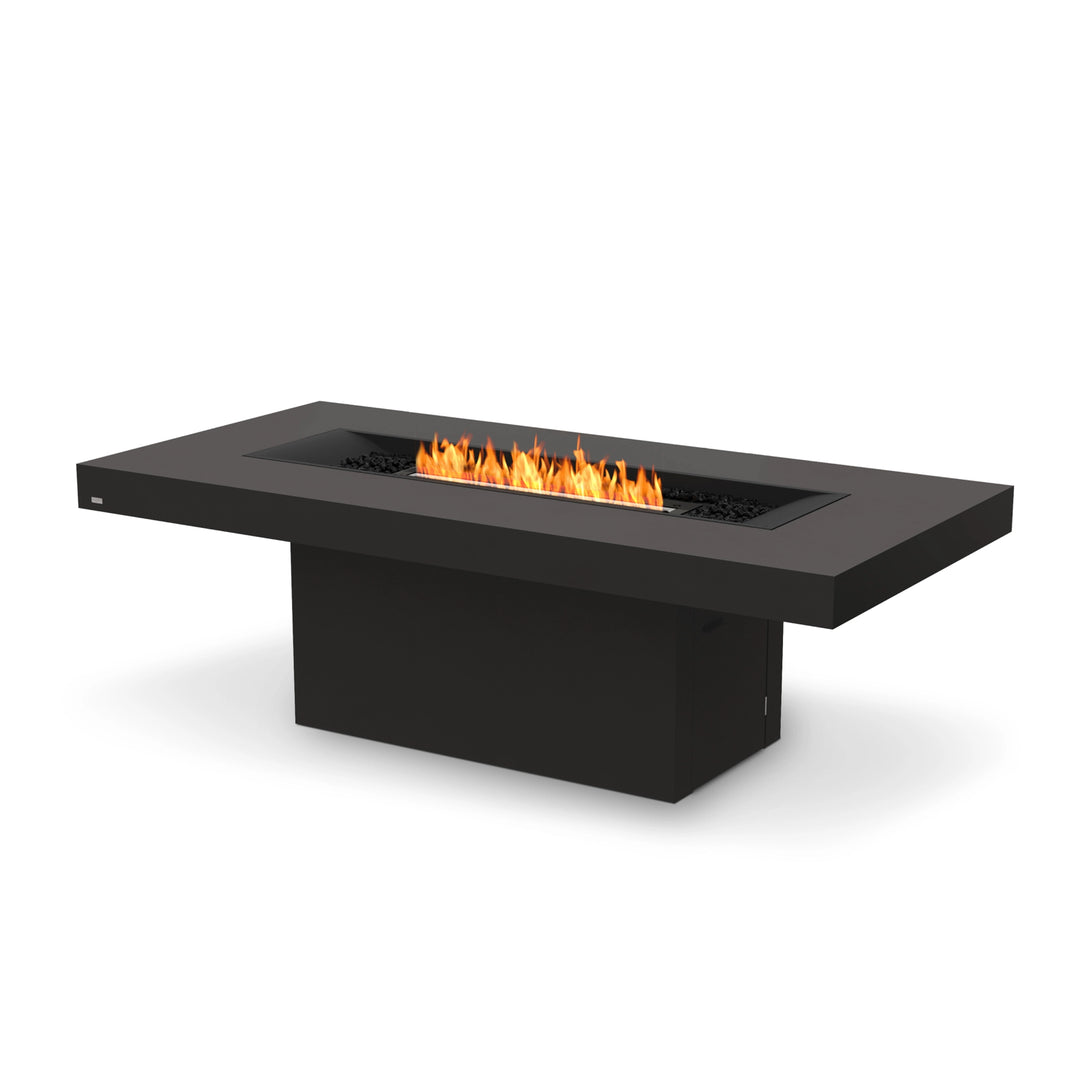 EcoSmart Fire Gin 90 Dining Graphite rectangular gas fire pit featuring a black burner. Designed for modern outdoor living spaces, this luxury fire pit adds warmth and ambiance to patios, backyards, and outdoor lounge areas. Made with high-quality materials for durability and weather resistance.