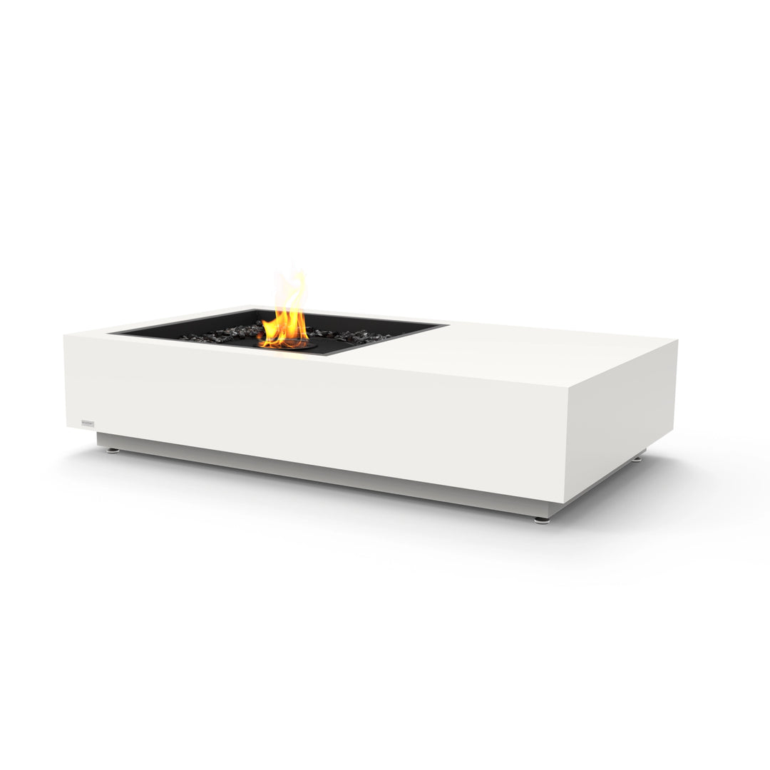 EcoSmart Fire Manhattan 50 Bone rectangular outdoor fire pit with black burner, featuring a low-profile, modern design. Built with weather-resistant materials, this fire table is perfect for creating a cozy ambiance in backyards, patios, or commercial outdoor spaces.