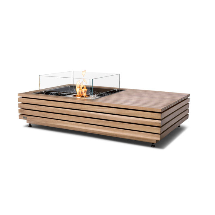  EcoSmart Fire Manhattan 50 Teak fire pit with a stainless steel burner and wind guard, ideal for modern outdoor spaces. Featuring a stylish teak wood slatted design, this high-end fire table is compatible with natural gas or propane and provides a clean, efficient, and elegant outdoor heating solution.