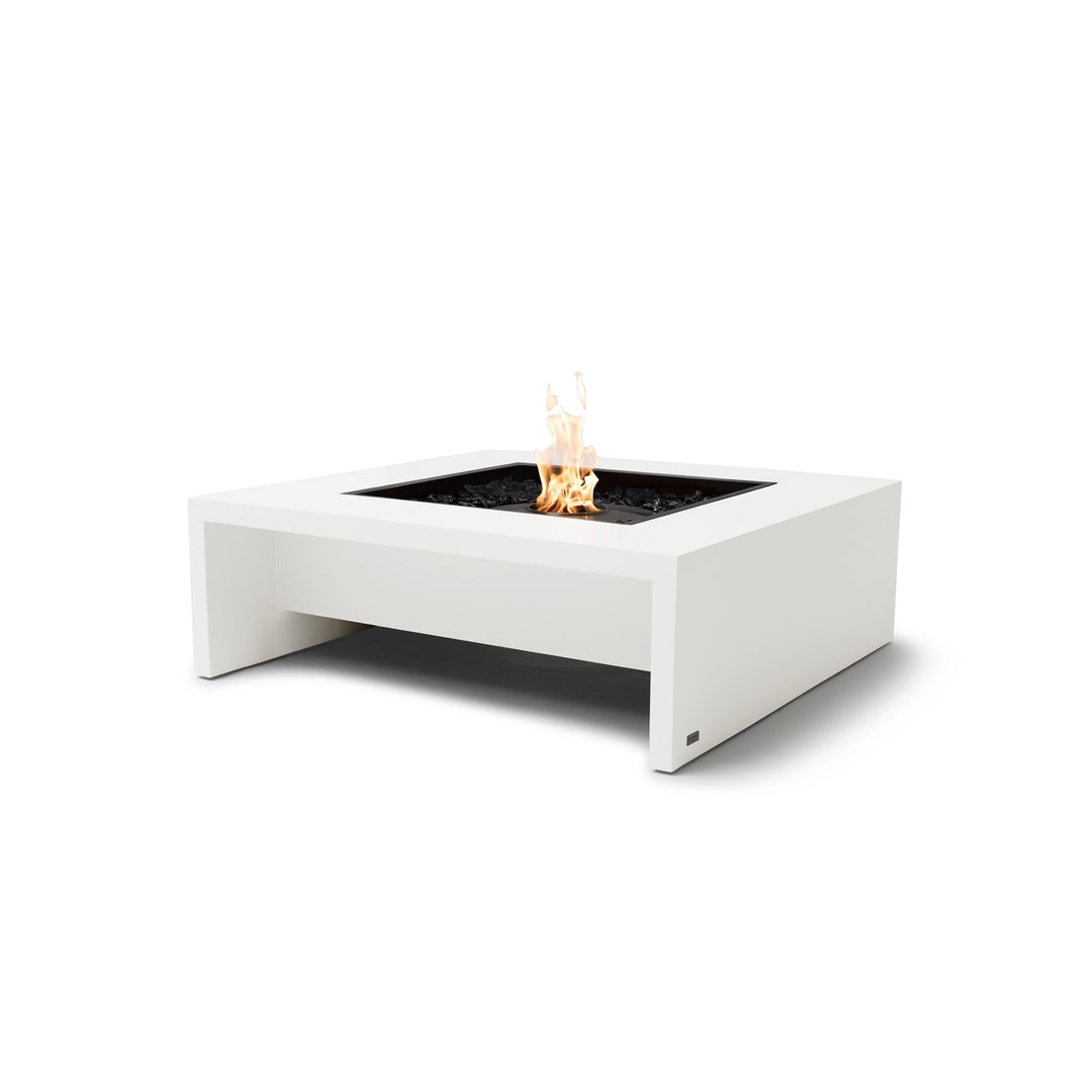  The EcoSmart Fire Mojito 40 Bone is a modern outdoor fire pit table featuring a sleek bone-colored concrete finish with a black burner. This square gas fire pit is designed for contemporary spaces, providing a stunning centerpiece for outdoor patios. The glass-enclosed fire display enhances safety while allowing a clear view of the vibrant flames. Perfect for entertaining guests or relaxing in style, this luxury fire pit is compatible with natural gas or propane.