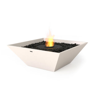 The EcoSmart Fire Nova 850 Bone Fire Pit features a contemporary square design with a black burner at the center, surrounded by black fire glass. This modern fire pit is crafted from durable concrete and finished in a neutral bone color, making it a stylish centerpiece for any outdoor patio, backyard, or luxury fire pit setting.