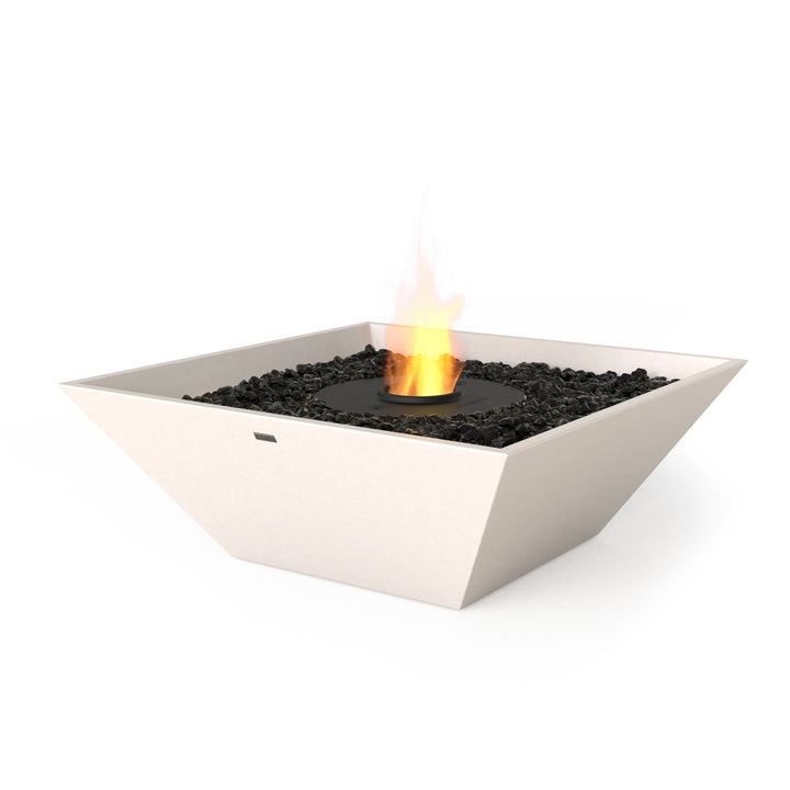 The EcoSmart Fire Nova 850 Bone Fire Pit features a contemporary square design with a black burner at the center, surrounded by black fire glass. This modern fire pit is crafted from durable concrete and finished in a neutral bone color, making it a stylish centerpiece for any outdoor patio, backyard, or luxury fire pit setting.