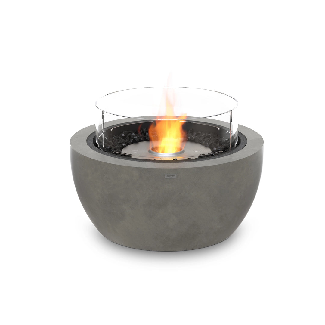 The EcoSmart Fire Pod 30 in natural with a stainless steel burner and wind guard, a stylish gas fire pit perfect for outdoor spaces.