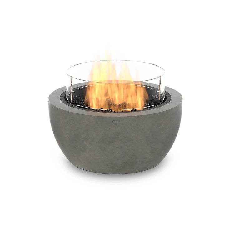 The EcoSmart Fire Pod 30 in natural with a stainless steel burner and wind guard, a stylish gas fire pit perfect for outdoor spaces.