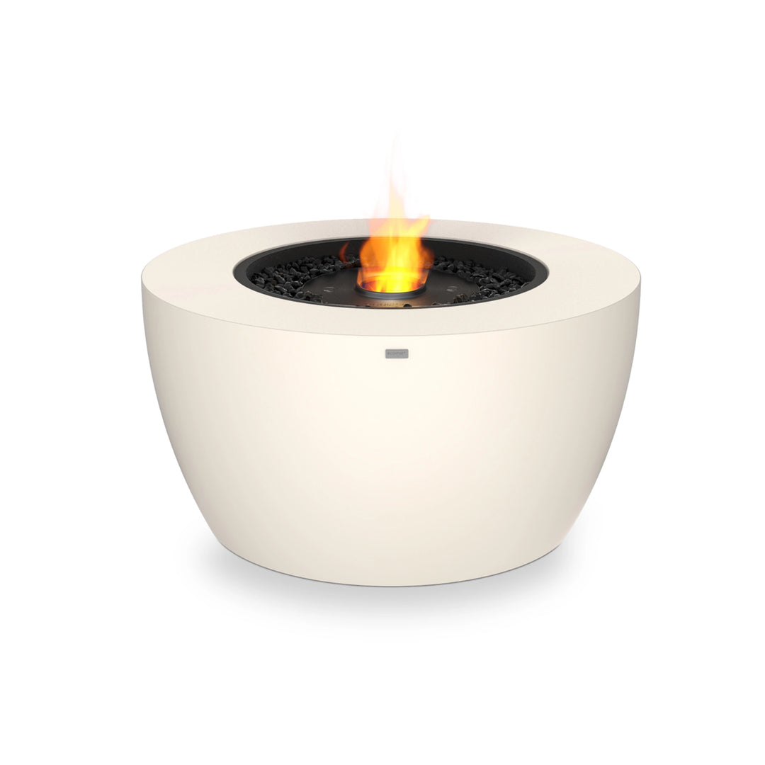 The bone-colored EcoSmart Fire Pod 40 with a black ethanol burner, offering an elegant modern fire pit design. The smooth concrete bowl design enhances outdoor fire table aesthetics, providing warmth and ambiance for any backyard or patio.