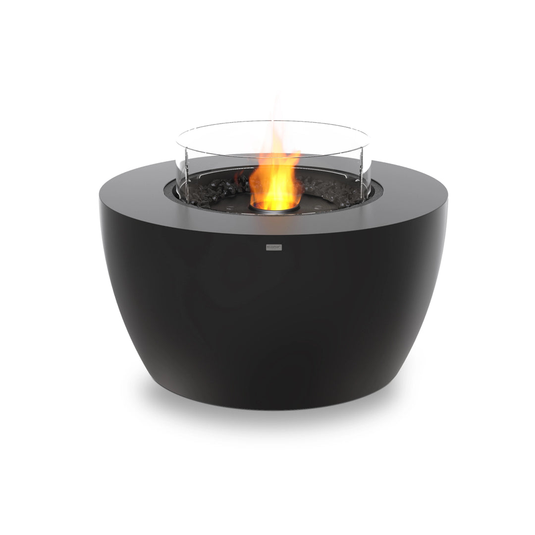 The graphite-colored EcoSmart Fire Pod 40 features a black ethanol burner with a wind guard, ensuring steady flames even in breezy outdoor settings. This modern gas fire bowl is a statement piece for patios, backyards, or commercial fire pit spaces.