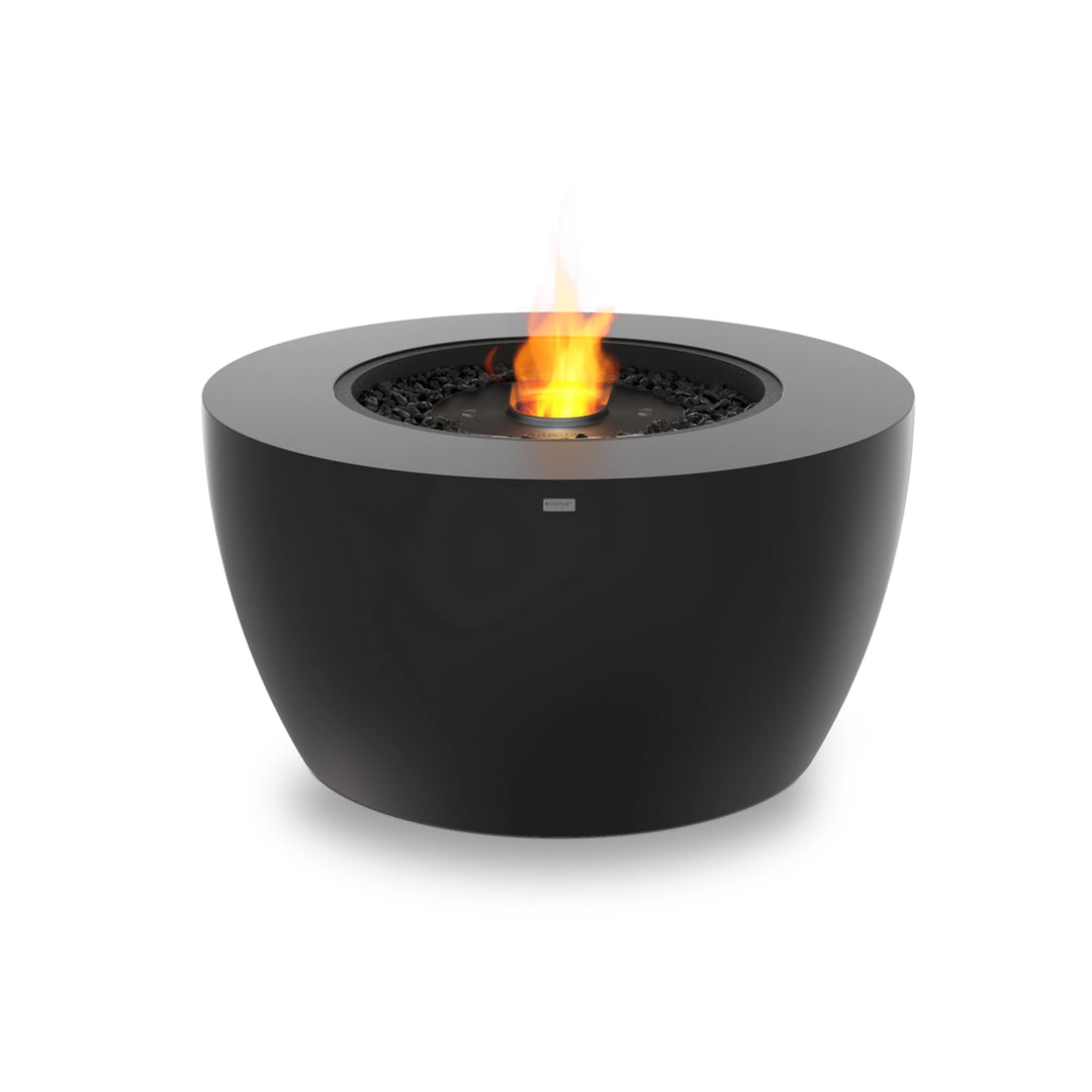 The graphite EcoSmart Fire Pod 40 with an ethanol black burner is an elegant outdoor fire bowl, designed for a clean-burning ethanol fire pit experience. Its sleek concrete construction makes it ideal for contemporary backyard designs.