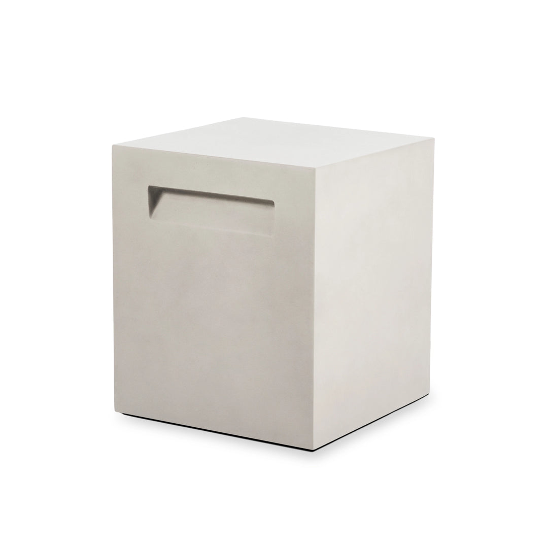  EcoSmart Fire Stool Tank in Bone finish, a sleek and modern concrete propane tank cover designed to complement outdoor fire pits. Featuring a clean, minimalist cube shape with an integrated handle, this outdoor fire pit accessory doubles as a sturdy stool or side table while concealing a propane tank for a seamless look.

