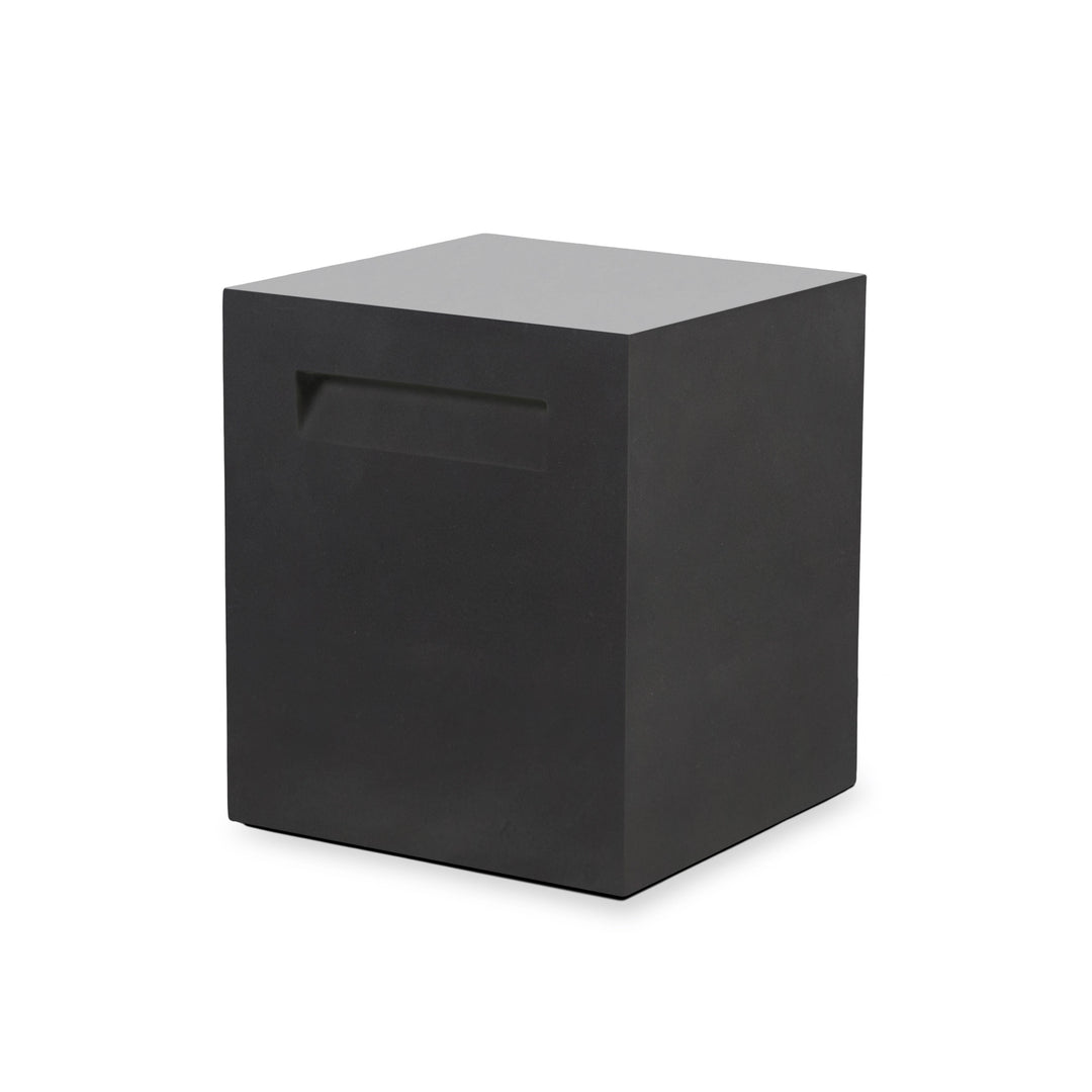 The EcoSmart Fire Stool Tank in Graphite is a versatile concrete propane tank cover with a dark, contemporary finish. Engineered for outdoor fire pits, it hides the propane tank while doubling as a stool or side table. Featuring a sleek design with a built-in handle, this modern fire pit accessory blends function and style effortlessly.