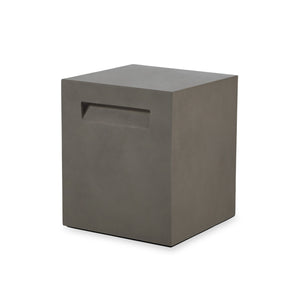 EcoSmart Fire Stool Tank in Bone finish, a sleek and modern concrete propane tank cover designed to complement outdoor fire pits. Featuring a clean, minimalist cube shape with an integrated handle, this outdoor fire pit accessory doubles as a sturdy stool or side table while concealing a propane tank for a seamless look.