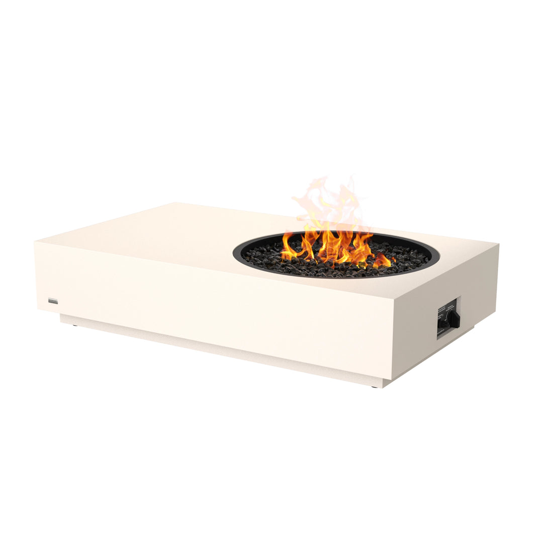 A sleek and minimalist EcoSmart Fire Tequila 50 Bone propane fire pit featuring a smooth bone-finished concrete body with a round burner. Designed for outdoor comfort, this modern fire pit delivers warmth and ambiance, making it an excellent choice for backyards, patios, and hospitality settings.