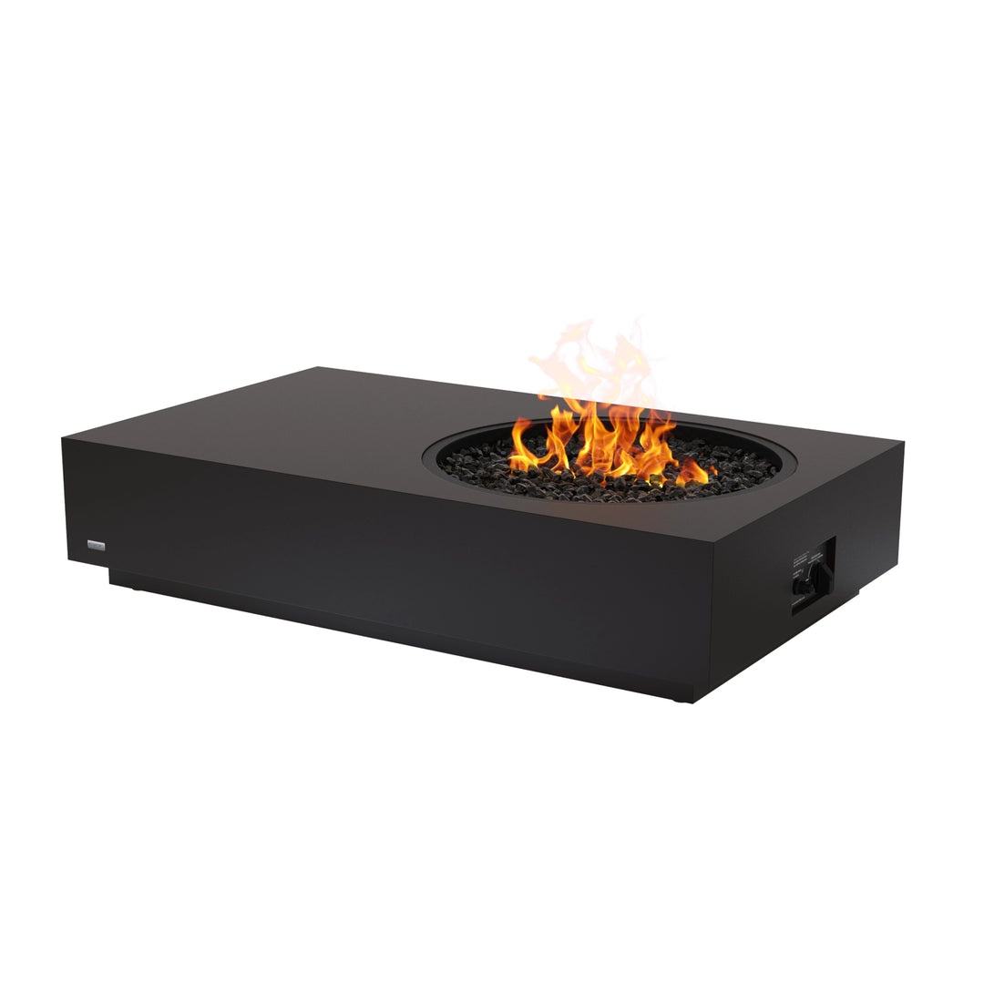 The EcoSmart Fire Tequila 50 Graphite propane gas fire pit in a minimalist, industrial design. This sleek rectangular fire table offers smokeless flames, graphite concrete durability, and a high-performance gas burner.