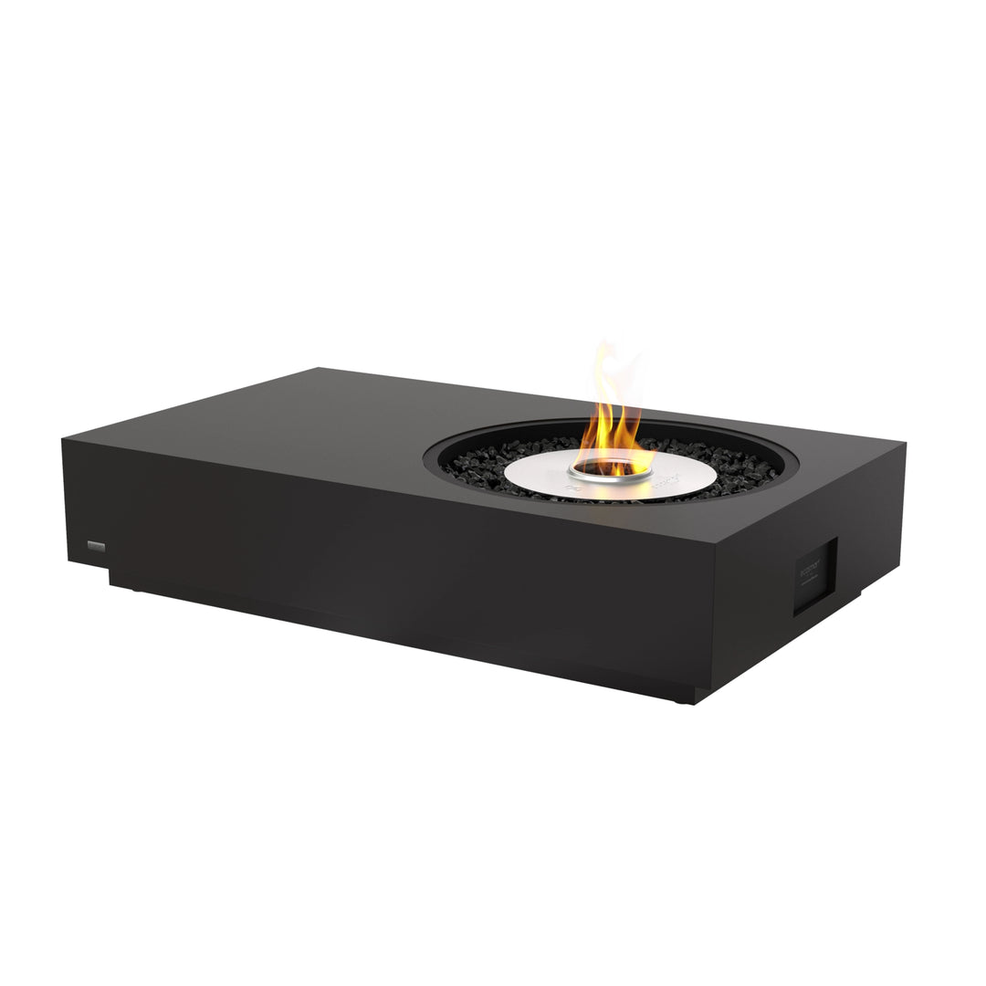  The EcoSmart Fire Tequila 50 Graphite rectangular fire table featuring a stainless steel burner. Its graphite concrete body houses an eco-friendly, clean-burning fuel system, making it ideal for modern fire pit installations.