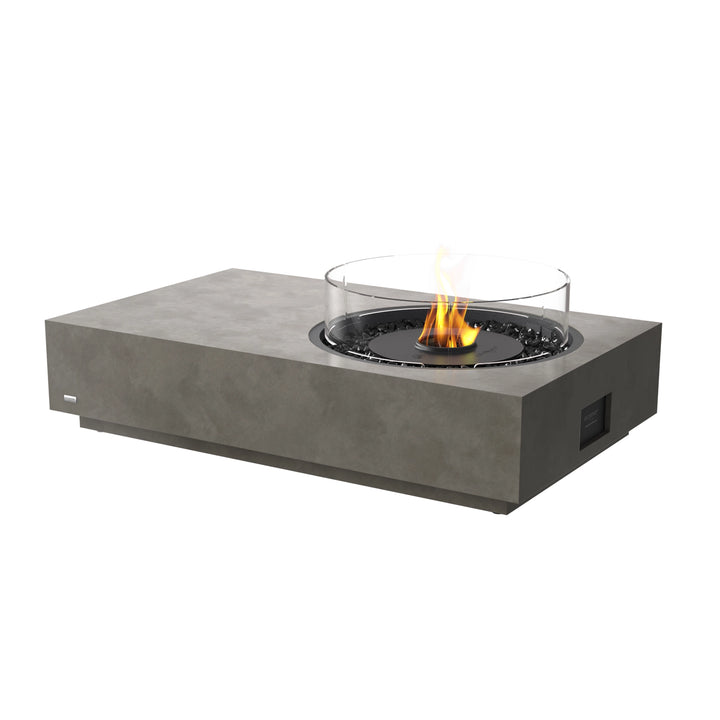 The EcoSmart Fire Tequila 50 Natural in a sleek natural gray finish features a black burner and a wind guard for enhanced flame stability. This modern outdoor fire pit is designed for both propane and natural gas, offering a contemporary fire feature for patios, backyards, and commercial spaces.