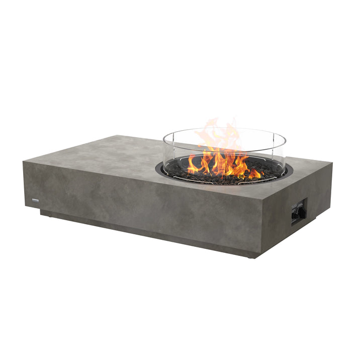 The EcoSmart Fire Tequila 50 Natural in propane configuration includes a wind guard, ensuring steady flames even in breezy conditions. With its concrete finish, this luxury fire pit is ideal for backyard fire pit setups, outdoor patios, and modern fire features.