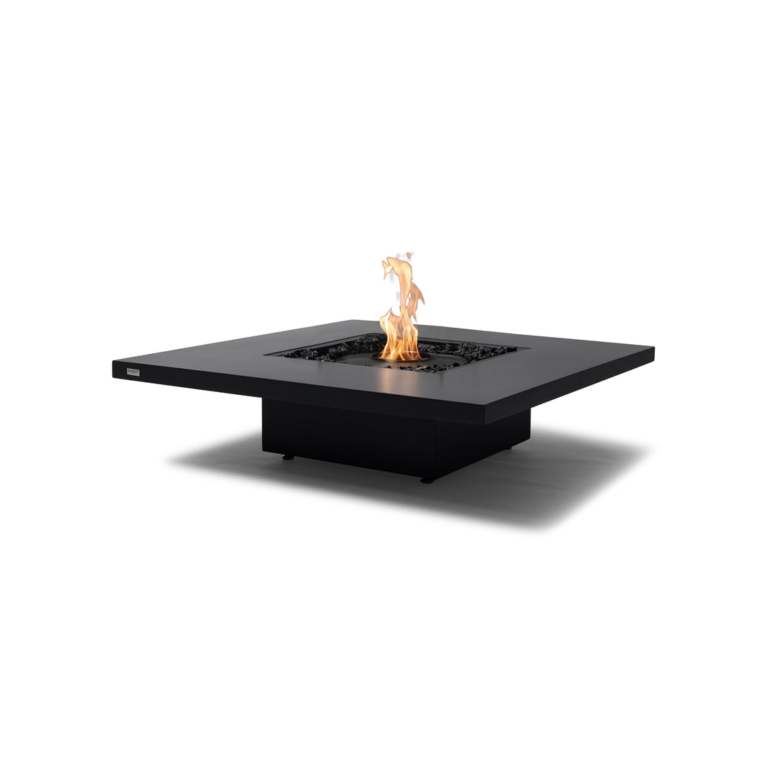 The EcoSmart Fire Vertigo 40 in graphite finish, featuring a black burner. This luxury square gas fire table is ideal for contemporary outdoor living, patio heating, and modern backyard fire features.