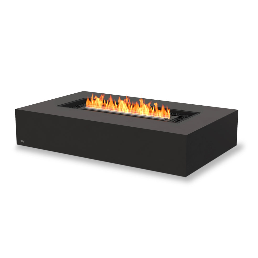 EcoSmart Fire Wharf 50 in graphite with a black burner, designed for outdoor luxury and warmth. The contemporary rectangular fire pit is built with premium materials for durability and elegance, making it a statement piece for any patio.