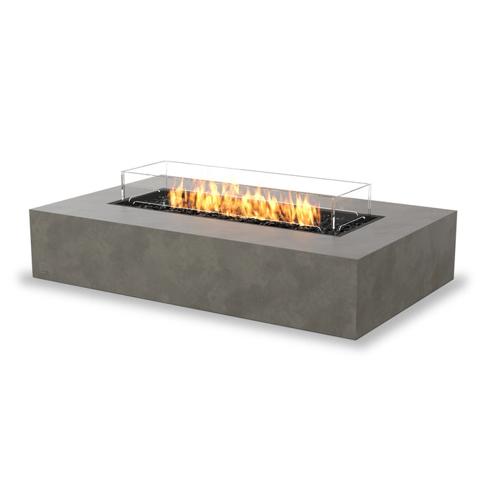 EcoSmart Fire Wharf 50 propane fire pit in a natural finish, equipped with a glass wind guard for enhanced flame protection. This contemporary fire table is designed for outdoor entertainment, providing warmth and ambiance for backyard patios and modern outdoor fire pit arrangements.