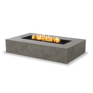 EcoSmart Fire Wharf 50 natural concrete propane fire pit, featuring a rectangular fire table design. Ideal for modern outdoor fire pits, this elegant gas fire pit is perfect for creating a cozy atmosphere in patios, decks, and backyard spaces.