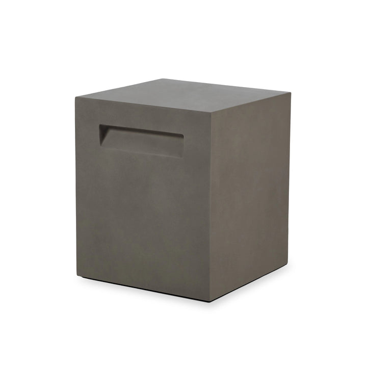 EcoSmart Square Propane Tank Cover in a natural gray-tone finish, crafted from high-quality concrete composite for a sleek, modern look. This cover is ideal for discreetly housing 20 lb propane tanks while enhancing outdoor aesthetics. Features built-in handles for easy maneuvering, making it a practical and stylish addition to any fire pit arrangement. Perfect for use on patios, decks, and in garden areas, adding both functionality and style.