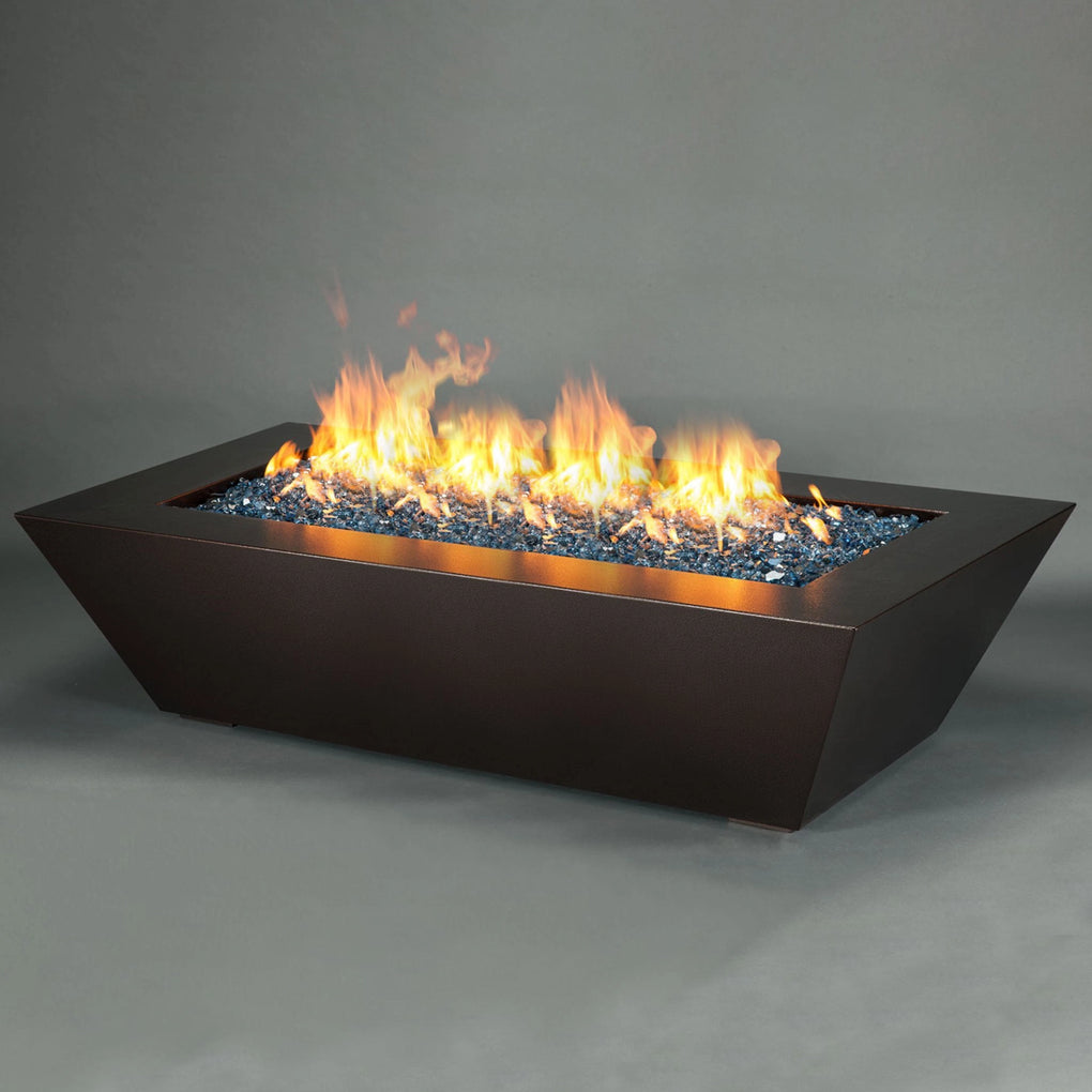 Rectangular modern fire pit with blue fire glass and a vibrant flame, ideal for contemporary outdoor spaces