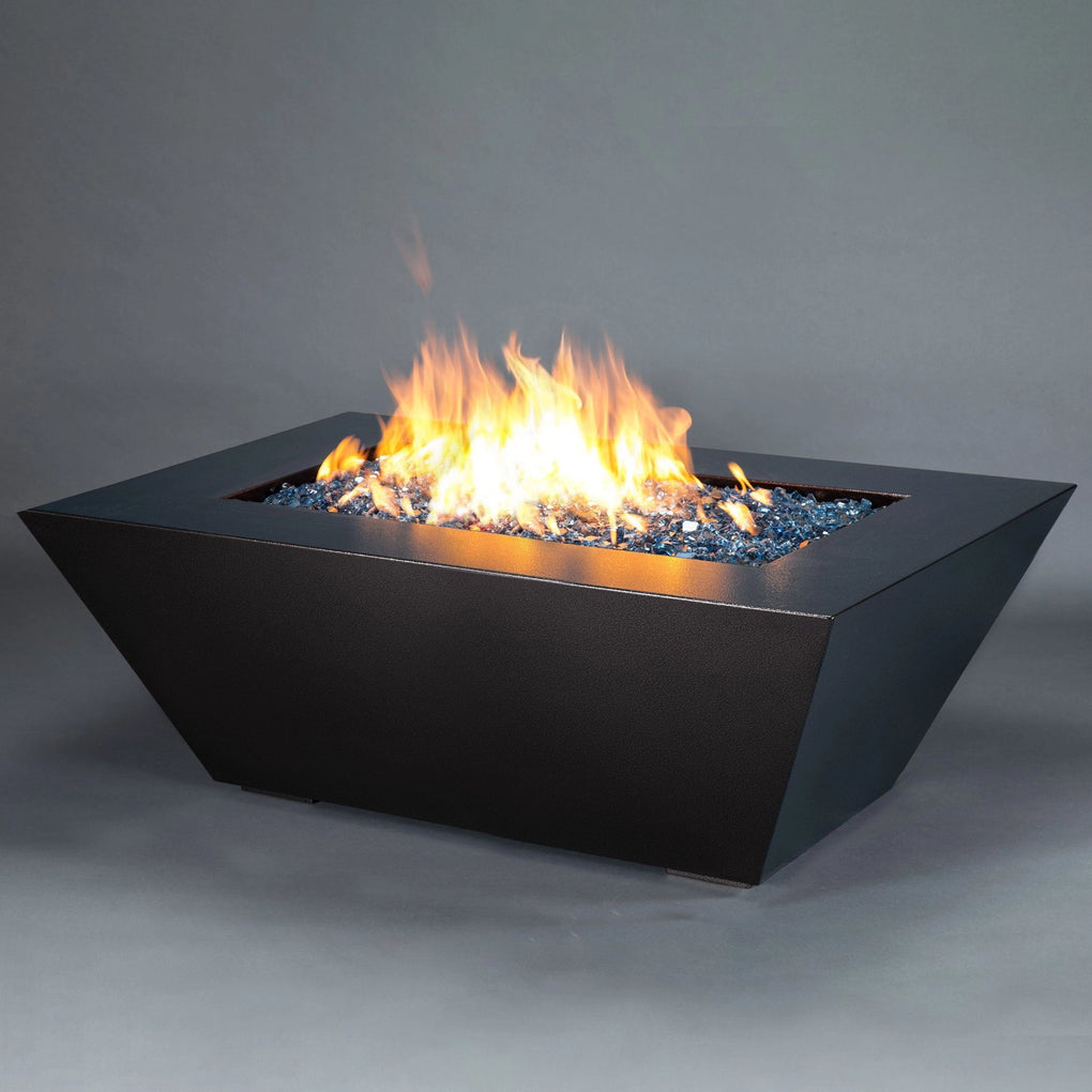 Rectangular modern fire pit with blue fire glass and a vibrant flame, ideal for contemporary outdoor spaces