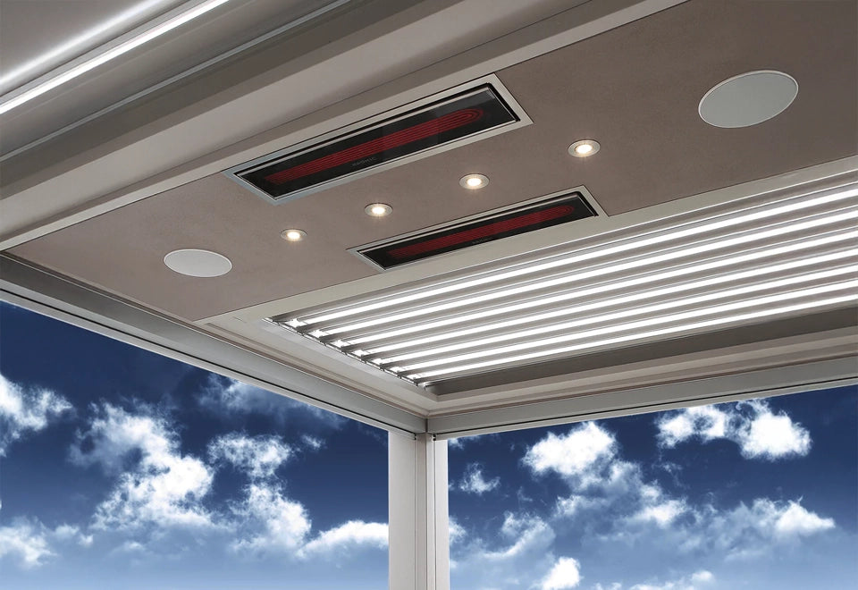 Ceiling-mounted electric patio heater in a modern outdoor space, providing an energy-efficient outdoor heating solution