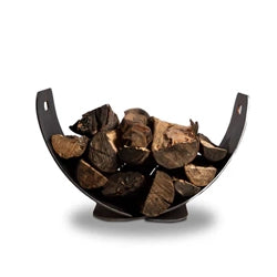 Curved metal fireplace log holder designed for wood storage, featuring a modern and sturdy design. Perfect for keeping firewood neatly organized and easily accessible near indoor fireplaces